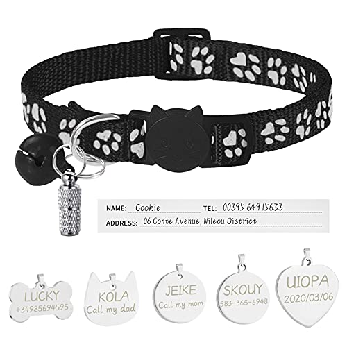Uiopa Katzenhalsband mit Sicherheitsverschluss + Hundemarke mit Gravur + Adressanhänger, Hundehalsband mit Name & Glöckchen, Verstellbar Halsband für Katze und Hund (Schwarz) von Uiopa
