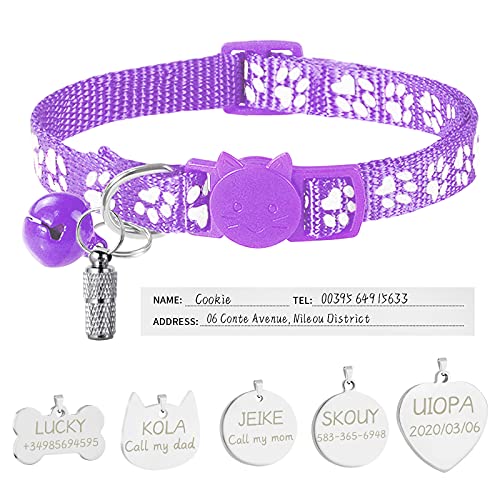 Uiopa Katzenhalsband mit Sicherheitsverschluss + Hundemarke mit Gravur + Adressanhänger, Hundehalsband mit Name & Glöckchen, Verstellbar Halsband für Katze und Hund (Violett) von Uiopa
