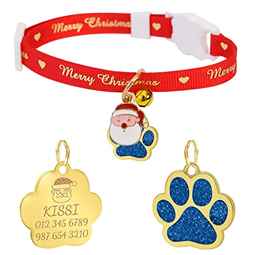 Uiopa Weihnachten Katzenhalsband mit Sicherheitsverschluss + Hundemarke mit Gravur, Personalisiert Hundehalsband mit Name, Verstellbar Katzen Halsbänder mit Anhänger für Hunde Katze (Blau, M) von Uiopa