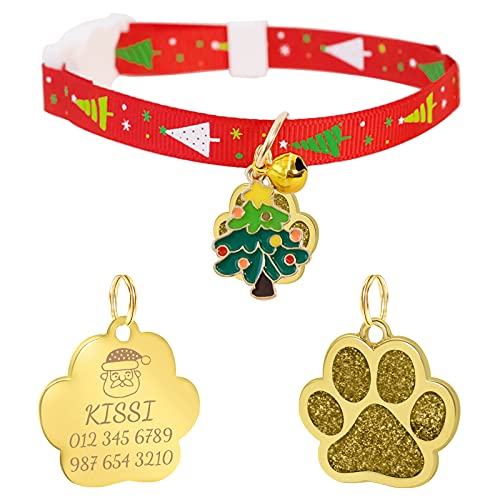 Uiopa Weihnachten Katzenhalsband mit Sicherheitsverschluss + Hundemarke mit Gravur, Personalisiert Hundehalsband mit Name, Verstellbar Katzen Halsbänder mit Anhänger für Hunde Katze (Golden, M) von Uiopa