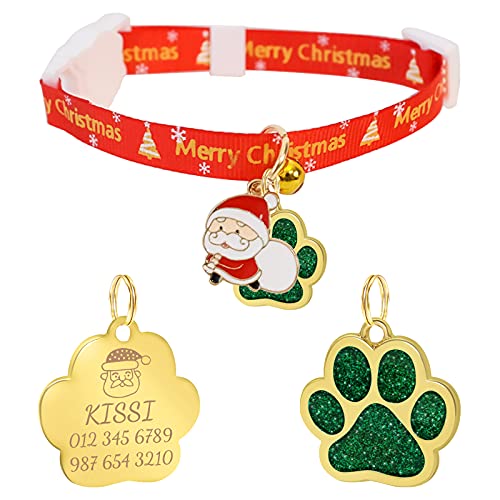 Uiopa Weihnachten Katzenhalsband mit Sicherheitsverschluss + Hundemarke mit Gravur, Personalisiert Hundehalsband mit Name, Verstellbar Katzen Halsbänder mit Anhänger für Hunde Katze (Grün, M) von Uiopa
