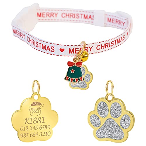 Uiopa Weihnachten Katzenhalsband mit Sicherheitsverschluss + Hundemarke mit Gravur, Personalisiert Hundehalsband mit Name, Verstellbar Katzen Halsbänder mit Anhänger für Hunde Katze (Silber, M) von Uiopa