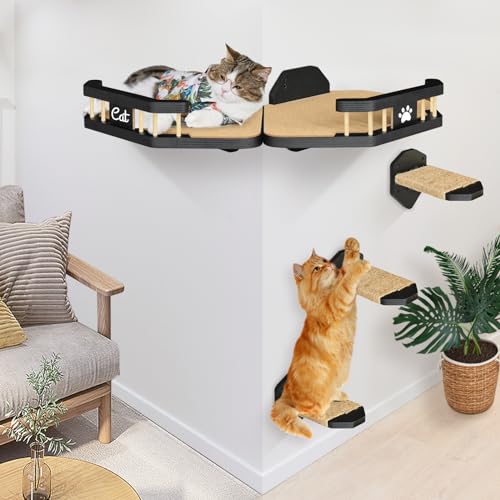 Katzenwandmöbel zur Wandmontage, 2 Katzenregale und Katzen-Sitzstangen für die Wand mit 3 Katzen-Wandstufen und Kratzpad, Katzenwandregale für Katzen bis zu 6,8 kg, Holz-Katzen-Hängematte, Katzenwandmöbel zur Wandmontage, 2 Katzenregale und Katzen-Sitzstangen für die Wand mit 3 Katzen-Wandstufen und Kratzpad, Katzenwandregale für Katzen bis zu 6,8 kg, Holz-Katzen-Hängematte, von Uipame