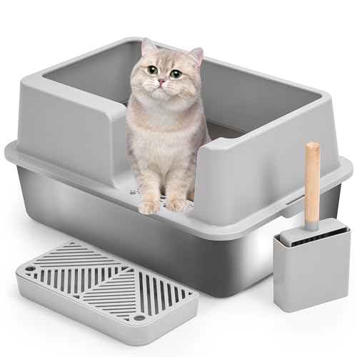 Uisave Offene Katzentoilette Edelstahl Katzenklo XXL– Große Katzentoilette für Große Katzen und Kätzchen – Spritzschutz, Leicht zu Reinigen, Tierfreundliches Design,Grau von Uisave