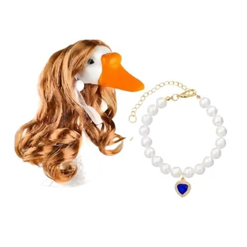 Uitndvyte 1.Gänse Hund Kostüm Lockiges Haar Halskette Kopfschmuck mit Perlen für Versammlungen Synthetischer Stoff Foto Prop Gänse Halsband und Perücken von Uitndvyte