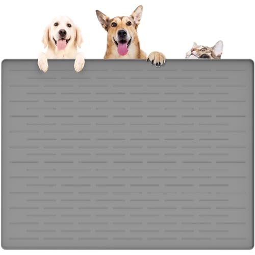 Silikon-Haustierfutter-Matten, 100,1 x 74,9 cm, wasserdichte Silikon-Haustiermatte für Hunde- und Wassernäpfe, rutschfeste Platzdeckchen für Hunde und Katzen, wasserfest, Hellgrau Silikon-Haustierfutter-Matten, 100,1 x 74,9 cm, wasserdichte Silikon-Haustiermatte für Hunde- und Wassernäpfe, rutschfeste Platzdeckchen für Hunde und Katzen, wasserfest, Hellgrau von Ultibe