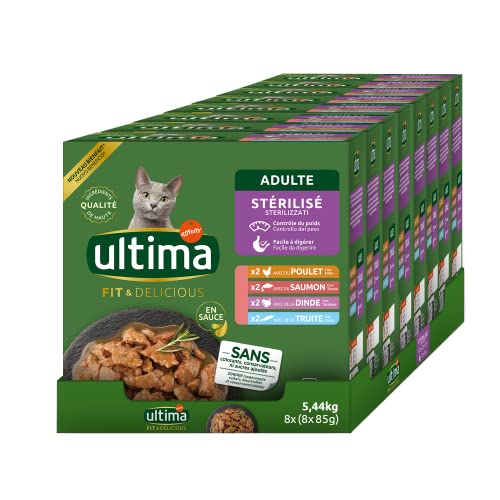 ULTIMA Lunchbeutel für Katzen, sterilisiert, Huhn, Truthahn, Lachs & Forelle, 8 Packungen x 85 g von Ultima