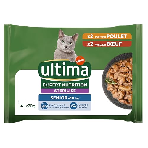 Ultima Expert Nutrition Nassfutter für sterilisierte Katzen, Senioren ab 10 Jahren, 11 x Packung (4 x 70 g) von Ultima