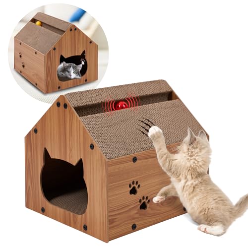 Ultiness® Katzenhaus mit Kratzbrett aus Pappe 40x35x34,5cm, Kratzbretter Katze mit Zwei Spielbällen mit Glöckchen, Kratzpappe für Katzen mit Kuschelhöhle, robust und langlebiges Katzen Kratzbrett von Ultiness