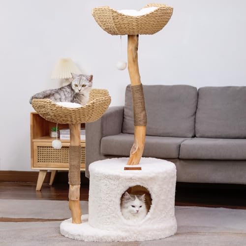 U-Moving 116.8 cm Naturholz Kratzbaum für große Katzen - Moderner Katzenturm mit Kratzstämmen, echtem Ast Design & Luxus Geschenk für Katzenliebhaber von Umoving