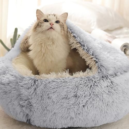 Undres Katzenbett flauschig, Hundebett, Katzenschlafsack, Katzenbettchen, Katzenkorb zum Schlafen, beruhigendes Bett für Katzen, waschbar, für kleine Hunde und Katzen. (Ø 65 cm, Grau) von Undres