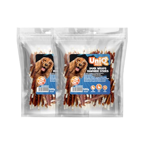 UNIQ Pets Kauknochen Hund 2x500 g Ente auf Rinderhaut Kaustangen Entenbrust Streifen kaurollen für Hunde getreidefreier Hundesnack hundeleckerli kausticks für Hunde von UniQ PETS