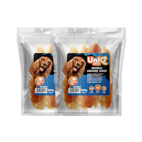 UniQ PETS Hundeleckerlies Hähnchenbrustfilet fettarm Hundesnack große Hunde Dörrfleisch Hühnchen Trockenfleisch Leckereien Streifen Hühnerbrust getrocknet Hund kauartikel kein Weizen 2x500g von UniQ PETS