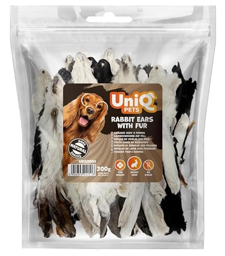 UniQ Pets Hasenohren mit Fell für Hunde Kausnack Kaninchenohren ohne Gluten hypoallergen 300 g Hundesnack für Welpen und Erwachsene von UniQ PETS