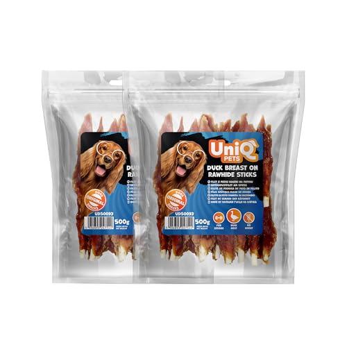 UniQ Pets Hundeleckerli Ente auf Kaustange 2X 500 g – fettarme weiche Hundesnacks für große Hunde – glutenefrei – Entenbrust Streifen – Trockenfleisch für Hunde von UniQ PETS