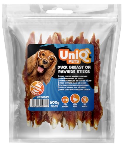 UniQ Pets Hundeleckerli Ente auf Kaustange 500 g – fettarme weiche Hundesnacks für große Hunde – glutenefrei – Entenbrust Streifen – Trockenfleisch für Hunde von UniQ PETS