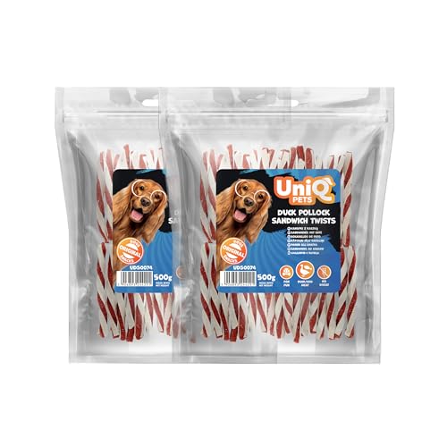 UniQ Pets Hundeleckerli Kaustangen mit Ente und Dorsch 2x500 g fettarm glutenfrei weiche Hundesnacks für kleine und große Hunde von UniQ PETS