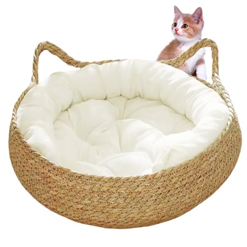 Unicoco Katzenbetten für Innenkatzen 15x5in 2-in-1 gewebte Katzenkörbe mit weichem Kissen kratzfestes Kätzchen Bett gemütlich runde Korbkorbkorbkörbe Bettkörbe Bett von Unicoco