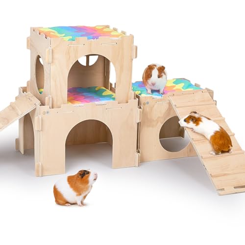 Meerschweinchenversteck, Meerschweinchenhaus mit Treppe und Matten, extra großes Meerschweinchen-Schloss, abnehmbare Verstecke für Kleintiere, Meerschweinchen-Lebensräume aus Holz mit mehreren Türen von Unicorn Catcher