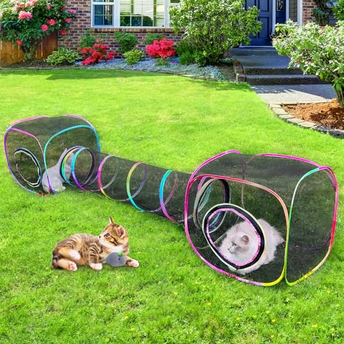 Outdoor Katzengehege Tragbare Katzen Tunnel mit Tragetasche Atmungsaktives Kitty Zelt Outdoor mit 2 Maus Spielzeug Außen Katzengehege für Indoor Katzen (2 Würfel + Run Tunnel) von Unicorn Catcher
