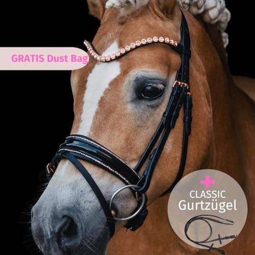 Unicorn Equestrian Classic Trense Roségold Edition + Gurtzügel + GRATIS Dust Bag (Vollblut, schwarz) von Unicorn Equestrian