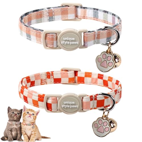 Unique Style Paws Orangefarbenes Katzenhalsband, niedliches Katzenhalsband mit Schachbrettmuster, orangefarbenes Kätzchenhalsband mit Abreißschnalle, ideales Geschenk für Jungen, Mädchen, Katzen von Unique style paws