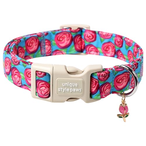 Unique Style Paws Sommer-Hundehalsband, blaues Hundehalsband mit pinkem Rosenmuster, verstellbares Welpenhalsband für kleine, mittelgroße und große Haustiere von Unique style paws
