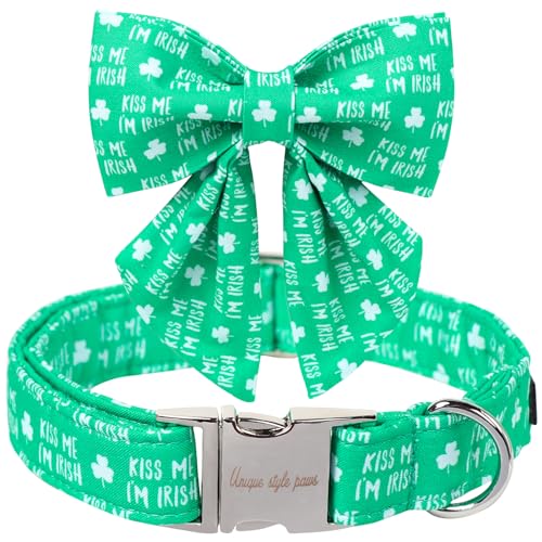 Unique Style Paws St. Patrick's Day Hundehalsband mit Schleife, grünes Kleeblatt, Hundehalsband, Fliege, Halsband für große, mittelgroße und kleine Hunde von Unique style paws