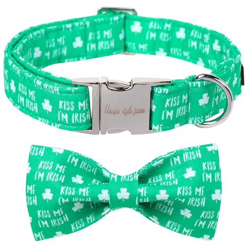 Unique Style Paws St. Patrick's Day Hundehalsband mit Schleife, grünes Kleeblatt, Hundehalsband, Fliege, Halsband für große, mittelgroße und kleine Hunde von Unique style paws
