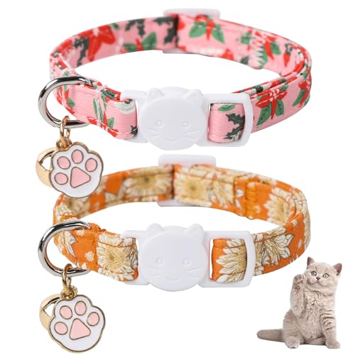 Unique Style Paws Weihnachts-Halsband für Kätzchen, 2 Stück, für Mädchen, Katzen mit Blumenmuster, Katzenhalsband mit Glöckchen, niedlicher Pfoten-Anhänger, ideales Geschenk für Jungen, Mädchen Unique Style Paws Weihnachts-Halsband für Kätzchen, 2 Stück, für Mädchen, Katzen mit Blumenmuster, Katzenhalsband mit Glöckchen, niedlicher Pfoten-Anhänger, ideales Geschenk für Jungen, Mädchen von Unique style paws