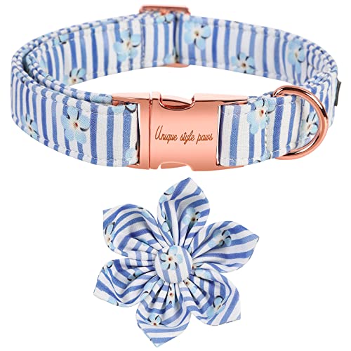 Unique style paws Hundehalsband mit Blumenbindung, blauer Streifen und Blume, Welpenhalsband, bequem, weich, Fliege, Hundehalsband, bestes Geschenk für kleine, mittelgroße und große Hunde, L von Unique style paws