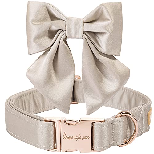 Unique style paws Hundehalsband aus Seide, einstellbar, langlebig, mit Schleife, Hochzeitsfliege, Halsband für sehr große Hunde, Größe XL, Champagnerfarbe von Unique style paws