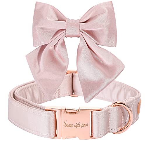 Unique style paws Seiden Pink Farbe Hundehalsband Verstellbares strapazierfähiges Hundehalsband mit Schleife Hochzeit Fliege Hundehalsband für X-Large Hunde von Unique style paws