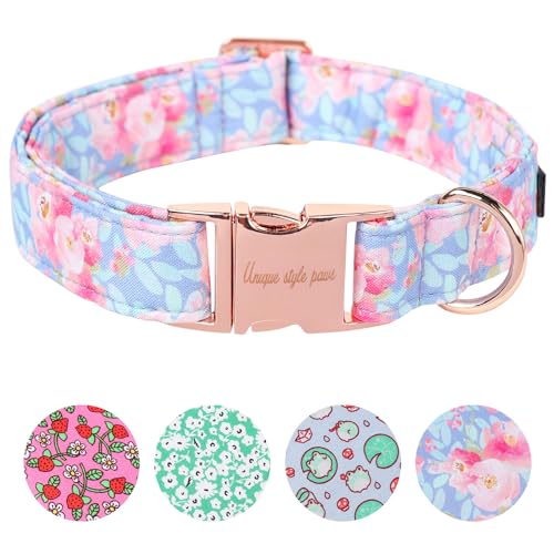 Unique style paws Sommer Hundehalsband Blau Geschirre Halsbänder & Leinen für Halsband Rosa Blume Hund Breit Kette Dog Collar Zughalsband Geschenke für Kleine Mittlerer Große Hunde S von Unique style paws