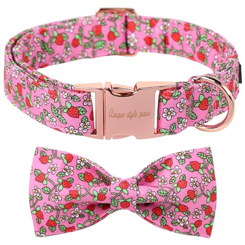 Unique style paws Sommer Hundehalsband mit Fliege Rosa Erdbeere Geschirre Halsbänder & Leinen für Fliegenhalsband Hund Breit Kette Dog Collar Zughalsband Geschenke für Kleine Mittlerer Große Hunde XS von Unique style paws