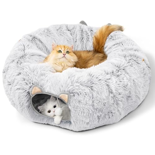 Plüsch Katzentunnel XXL für Große Katzen – Weicher Donut-Spieltunnel mit Abnehmbarer & Waschbar Kuschelmatte, Faltbarer Verstecktunnel für Kitten & Kleintiere (Aschgrau, 90cm)​ von Unisun