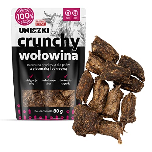 Uniszki Crunchy Beef 80g | Natürliche Knuspersnacks für Hunde | Rindfleischsnacks mit Salbei und Minze | Trainer | Trainingsleckerli | Trainingsbelohnung für Hunde | Proteinreich von Uniszki