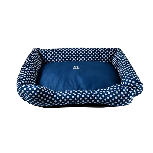 Benetton Winterbett für Hunde und Katzen, aus weichem Stoff, mit abnehmbarem Bezug, Matratze für Haustiere, mit rutschfester Unterseite und Reißverschluss, Größe M, 65 x 50 cm, Blau mit Punkten von United Colors of Benetton