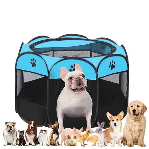 Welpenauslauf Faltbar, Welpenlaufstall für Drinnen, Laufstall Hund Pop-Up, Tragbarer Haustier Hundezaun, Hundeauslauf für Innen Hasen Katzen, für Katzen, Hunde, Kaninchen (Blau-L) von Unpoten