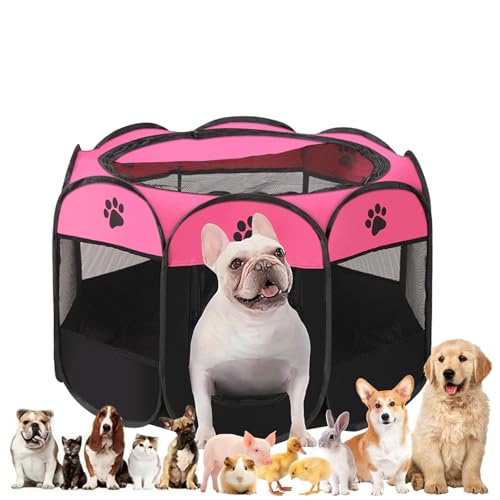 Welpenauslauf Faltbar, Welpenlaufstall für Drinnen, Laufstall Hund Pop-Up, Tragbarer Haustier Hundezaun, Hundeauslauf für Innen Hasen Katzen, für Katzen, Hunde, Kaninchen (Rosenrot-L) von Unpoten