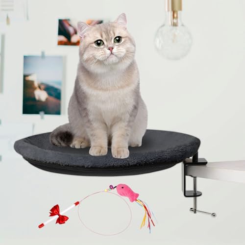 Cat Desk Bed Perch Nest with Teaser, Clamp Able Desk Cat Bed, Bedside Cat Bed Attachment Soft, Cat Desk Perch with Space Saving Design, Sturdy Frame, for Fits All Cats (Grey, One Size) von Uornwz