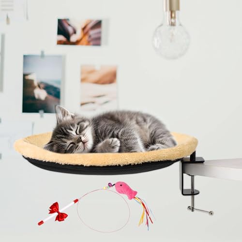 Cat Desk Bed Perch Nest with Teaser, Clamp Able Desk Cat Bed, Bedside Cat Bed Attachment Soft, Cat Desk Perch with Space Saving Design, Sturdy Frame, for Fits All Cats (Skin, One Size) von Uornwz