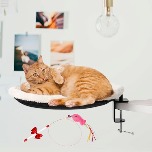 Cat Desk Bed Perch Nest with Teaser, Clamp Able Desk Cat Bed, Bedside Cat Bed Attachment Soft, Cat Desk Perch with Space Saving Design, Sturdy Frame, for Fits All Cats (White, One Size) von Uornwz