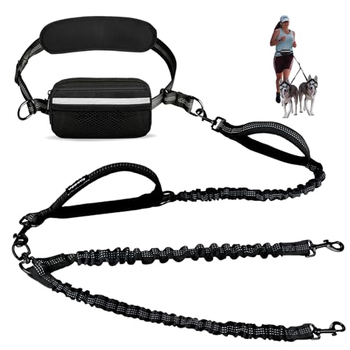 Uppetly Doppelleine mit Tasche, Doppelleine für 2 Hunde mit reflektierenden, gepolsterten Griffen, strapazierfähiges Bungee und Lendenwirbelgürtel zum Gehen, Joggen und Laufen, Größe L, 11,3–54,4 kg von Uppetly