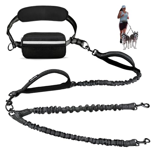 Uppetly Doppelleine mit Tasche, Doppelleine für 2 Hunde mit reflektierenden, gepolsterten Griffen, strapazierfähiges Bungee und Lendenwirbelgürtel zum Gehen, Joggen und Laufen, Größe M, 3,6–11,3 kg von Uppetly