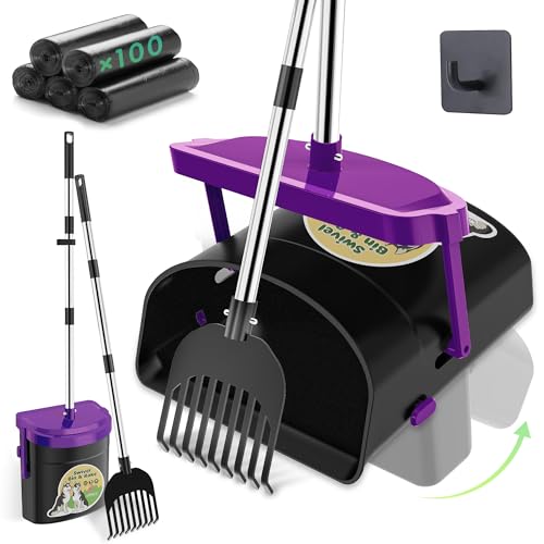 UPSKY Hundekotschaufel, drehbarer Mülleimer und Rechen, Set mit 100 Kotbeuteln, 84,8 cm, Edelstahl, langer Griff, robuste Haustierkotschaufel für große, mittelgroße und kleine Hunde, geruchsdichter von Upsky