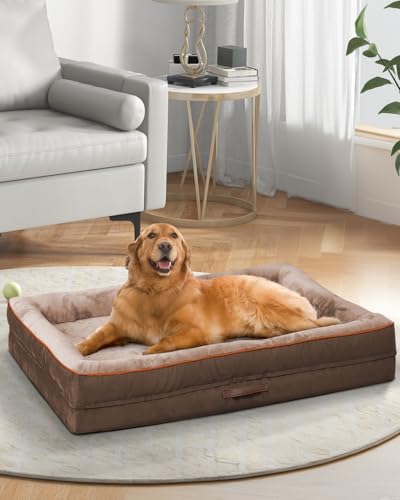 Upvilla Orthopädisches Hundebett Grosse Hunde, Hundekorb Waschbar mit Eierförmiger Kistenschaum，Wasserdicht Hundesofa mit rutschfeste Unterseite und Vierseitiges Kissen (Hellbraun, 91x61x18cm) von Upvilla