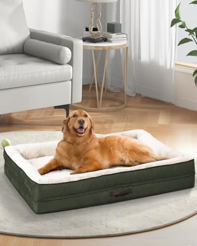Upvilla Orthopädisches Hundebett Grosse Hunde, Hundekorb Waschbar mit Eierförmiger Kistenschaum，Wasserdicht Hundesofa mit rutschfeste Unterseite und Vierseitiges Kissen (Oliv, 91x61x18cm) von Upvilla