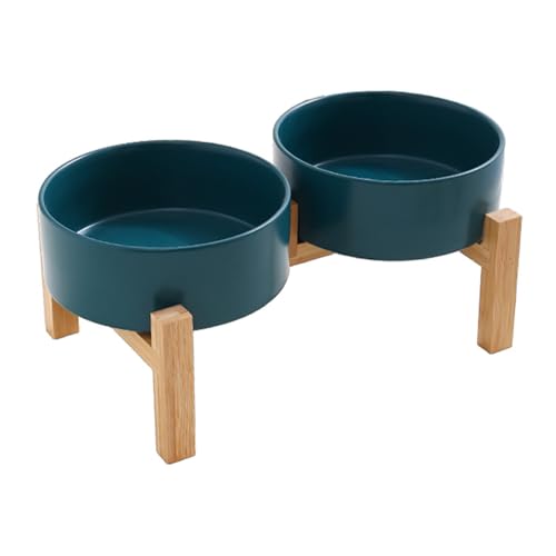 Uqezagpa Erhöhtes Keramik-Hundenapf-Set mit stabilem Holzständer, rutschfestes Design, Doppelnapf, Wasserfutter, Futterstation von Uqezagpa