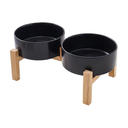Uqezagpa Erhöhtes Keramik-Hundenapf-Set mit stabilem Holzständer, rutschfestes Design, Doppelnapf, Wasserfutter, Futterstation von Uqezagpa